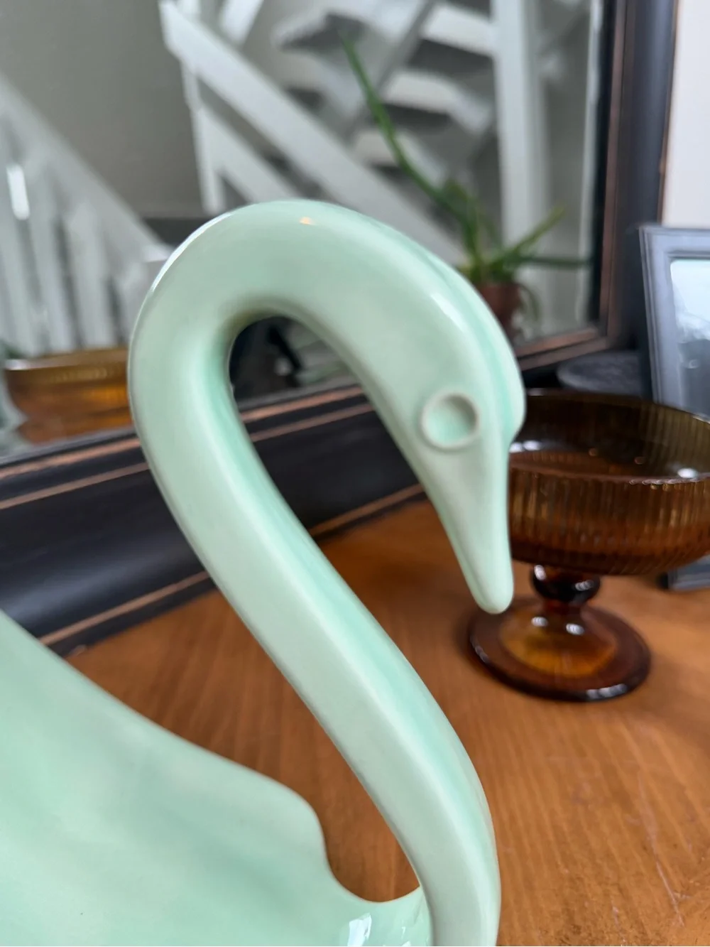 Vintage MCM Ceramic Swan Shaped Soap Dish or Sponge Holder-Mint Green